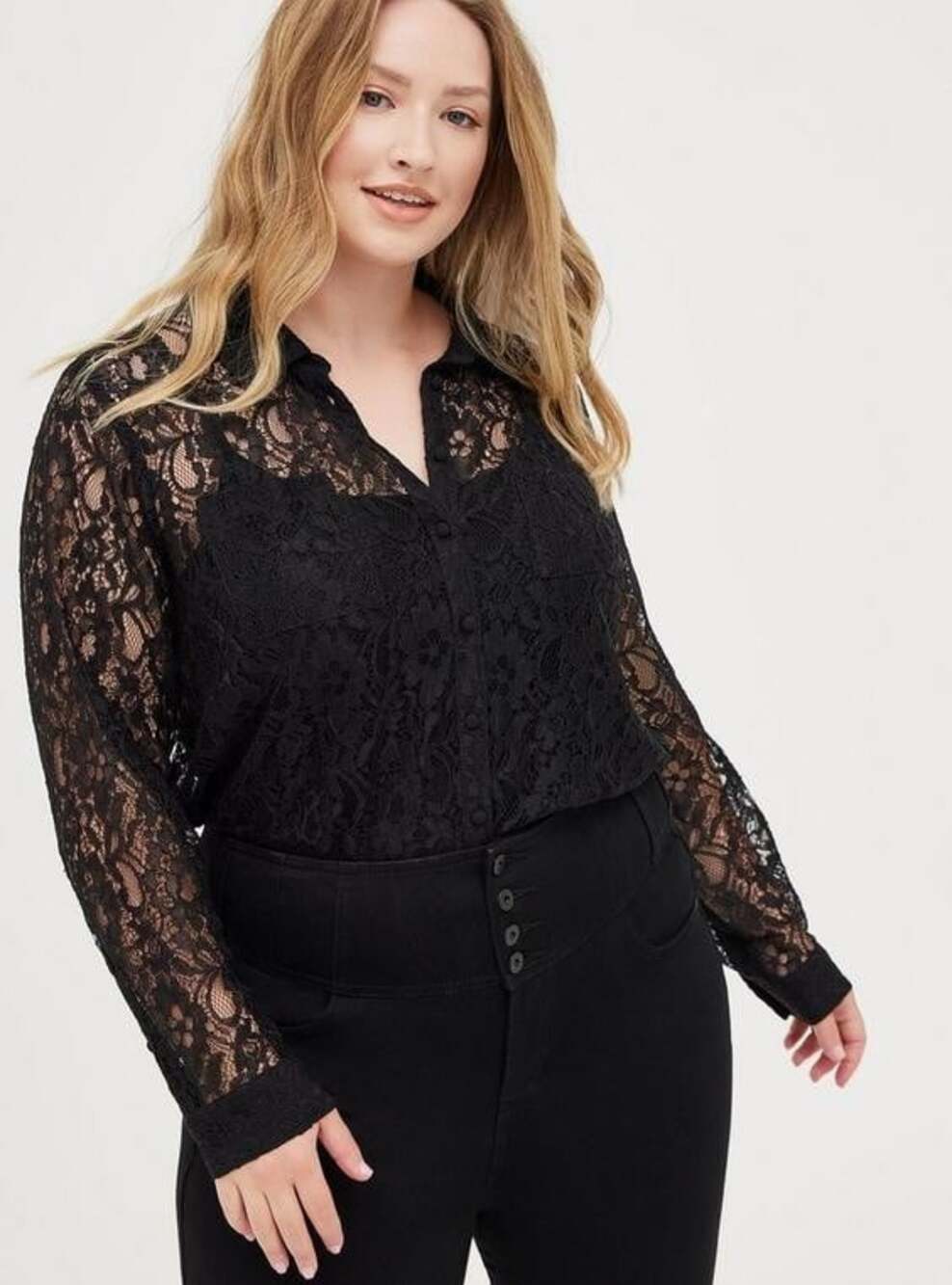 Torrid Madison Plus Size 4X Deep Black Floral Lace Button-Up Long Sleeve Blouse